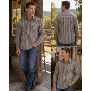 Scully Men's Western Snap Front Shirt Medium Brown Tan Striped Faux Pearl Snaps